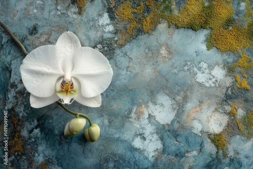 Elegant white orchid bloom with unopened buds on a textured blue, beige and yellow mossy background, conveying serene beauty.