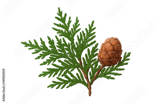 Detailed illustration of a cypress branch with a mature cone, isolated on a transparent background, ready for design projects