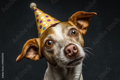 Brown and white dog wearing...