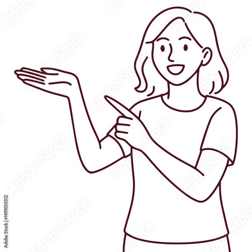 Black and white sketch of a smiling woman pointing to the side with a presentation pose. Clean line style illustration for educational, explainer or UI graphic use