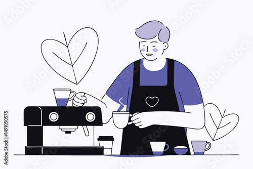 Professional barista preparing espresso drink, vector art. Coffee shop worker with apron, minimalist design for branding