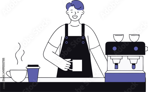 Barista at work in coffee shop, vector illustration. Includes coffee machine, cups, and beans