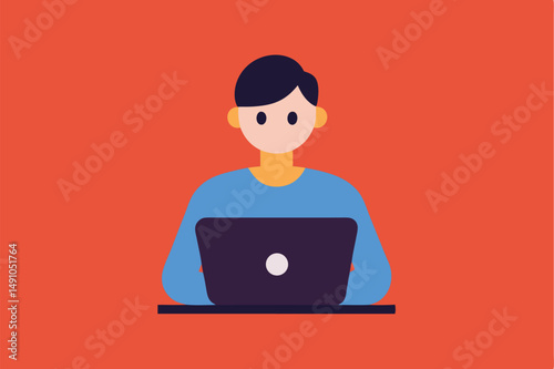 person wearing blue shirt, laptop, neutral expression, simple flat style, vibrant orange background
