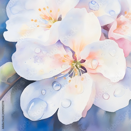 Acrylic flowers background. Watercolor illustration of apple blossom with dew drops on petals