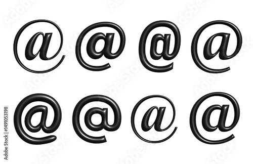 Set of 3D Glossy Black and White At the Rate (@) Icons with Transparent Background photo