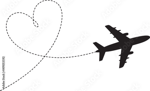 Airplane romantic heart shaped line path silhouette vector illustration isolated On Transparent Background