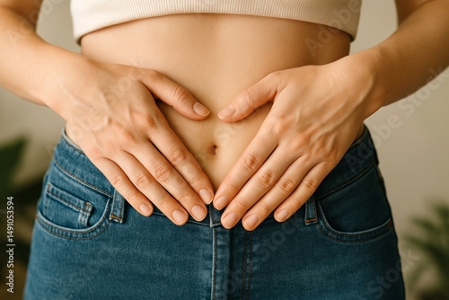 Woman practicing gut health massage with hands on abdomen for wellness and relaxation. concept of holistic health, body care, well-being, self-care routine photo