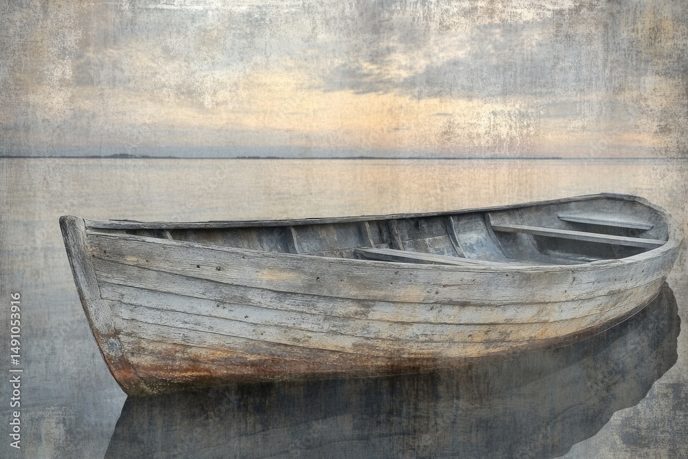 Fototapeta premium A weathered rowboat rests serenely on calm waters under a soft, textured, pastel-colored sky.