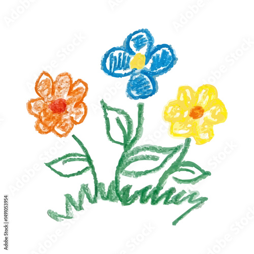 Kids Doodle Drawing Multicolored flowers. Children Hand Drawn Doodle Illustation. Children pattern. Vector Kids Logo Icon. Charcoal Pencil Drawing. 