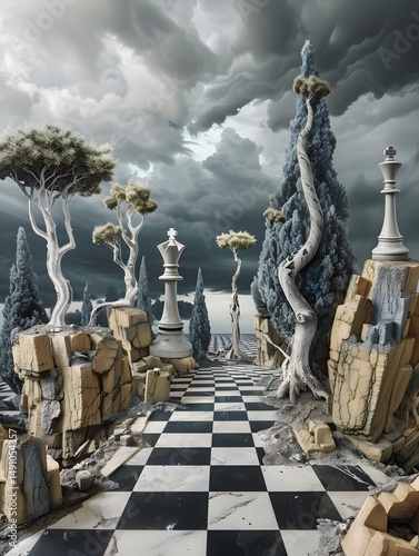 Chessboard path amidst ruined landscape, stormy sky
