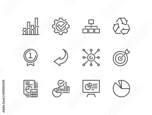 Set of business strategy success related icons, growth and planning symbols, target achievement, financial progress, leadership vision, teamwork and performance metrics and linear variety vectors.