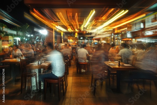 Timelapse captures vibrant atmosphere of a busy restaurant filled with diners enjoying their evening, timelapse shot at a busy stylish restaurant