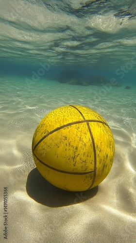 A yellow ball is in the sand. It is a basketball. The ball is yellow and has a black stripe