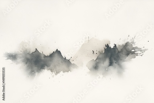 Abstract watercolor artwork featuring gray mountains with misty, diffused edges, presented against a clean, white background for a serene, minimalist effect.