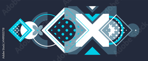 Abstract geometric vector background, Memphis style wallpaper design over dark, trendy retro art, modern style design.