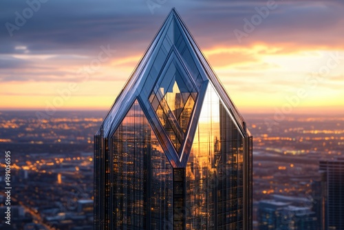 A modern glass skyscraper with a pyramidal peak rises above a glowing cityscape at sunset, reflecting the warm colors of the sky.