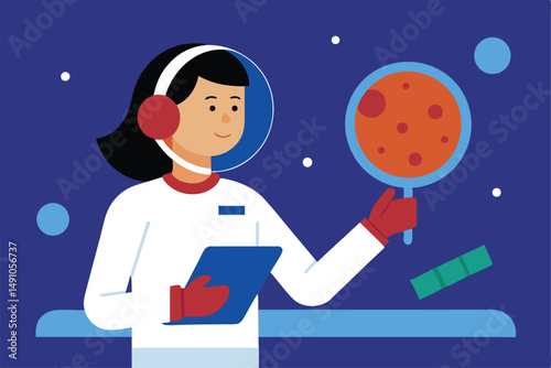 portrait of a woman scientist, young, serious expression, lab coat, holding a glowing planet, space background with stars, digital art, colorful, simple shapes, minimal style
