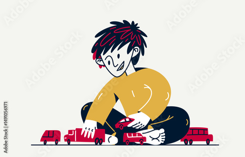 Little boy plays with toys vector illustration, stylish drawing of a child playing.