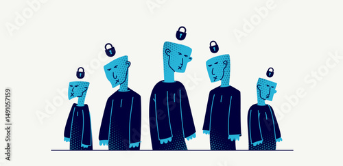 Social zombies vector concept, matrix and mind control, psychological dictatorship and totalitarian society and state, tyranny and restrictions, killing individuality.