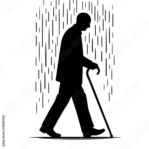 Elderly man walking with a cane under rain, silhouette on a white background