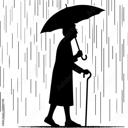 Elderly woman with an umbrella walking in the rain, silhouette on a white background