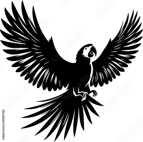 Parrot soaring with outstretched wings, black silhouette on a white background