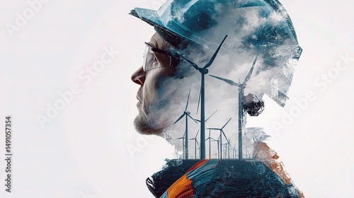 Double Exposure Image of Wind Farm Technician Wearing Helmet