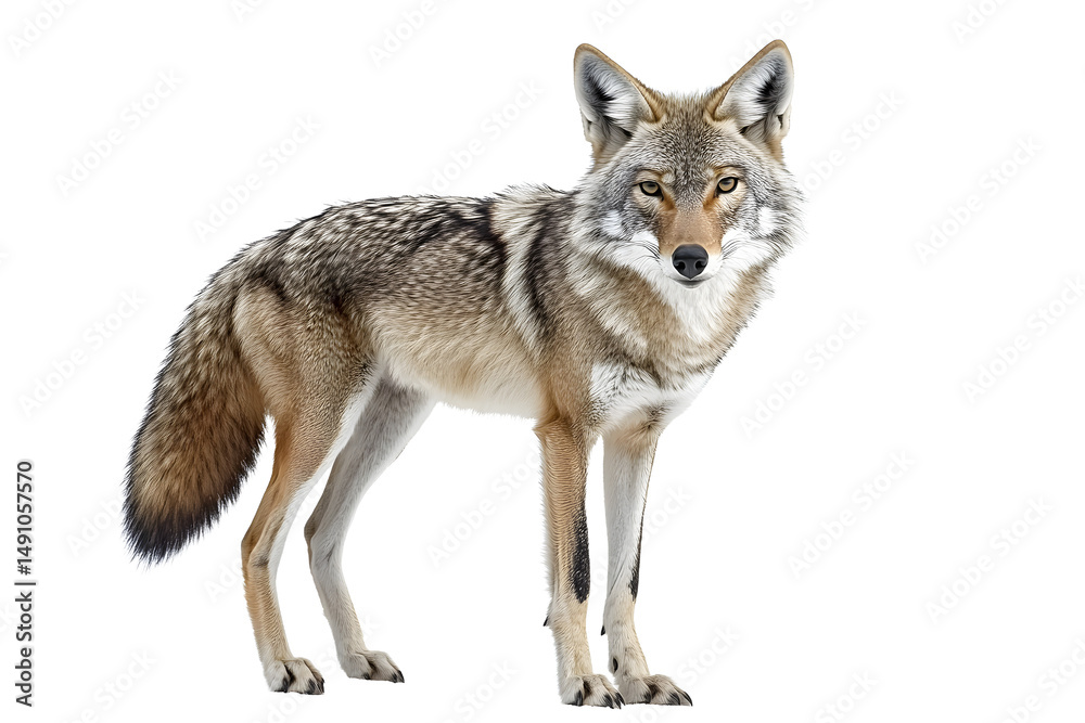 Fototapeta premium Realistic PNG of a coyote standing alert with transparent background for easy integration into designs