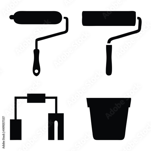 This vector set showcases a painter's essential equipment with a paint roller and brush, ideal for home improvement and wall art projects