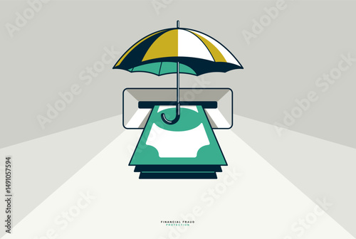 Financial fraud protection concept poster, secured withdrawal from credit card bank account, money stack ATM with umbrella, vector icon style illustration.