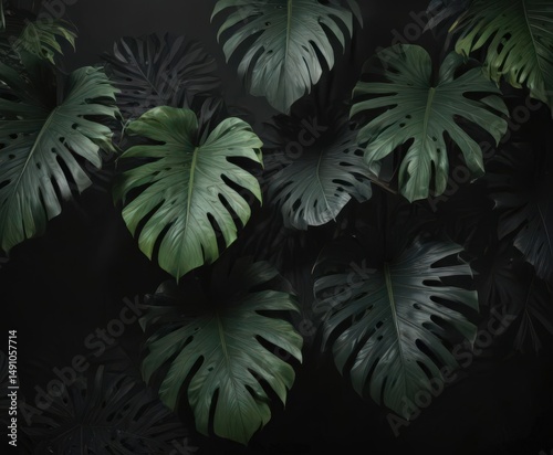 Deep black background with large, shadowy tropical leaves, style, plant, shadow