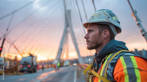 Engineer Profile at Cable Bridge During Time Lapse with Sunset