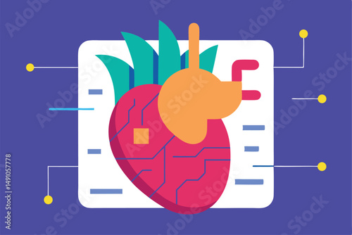 colorful heart anatomy, futuristic medical diagram, digital illustration, vibrant colors, modern style, abstract shapes, neon palette, technological elements, minimalist design
