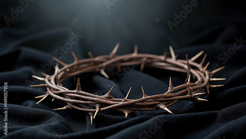Dramatic Crown of Thorns on black background with copy space for Christian projects like Easter brochures, Lent social media, and Bible study materials    keywords:   Crown, Thorns, Jesus, Christ, 