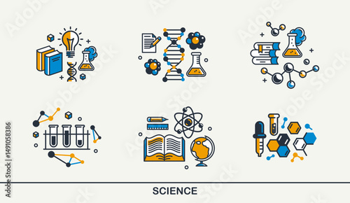 Science vector detailed icons set, molecules and atoms laboratory experiment, book university study, flask and tube experiment.