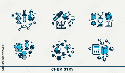 Chemistry vector detailed icons set, science theme, laboratory flasks and microscopic molecules, pharmacology and biochemistry.