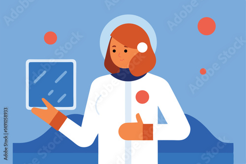 a woman with red hair wearing a white space suit, standing in front of a window, looking out at the stars, digital art
