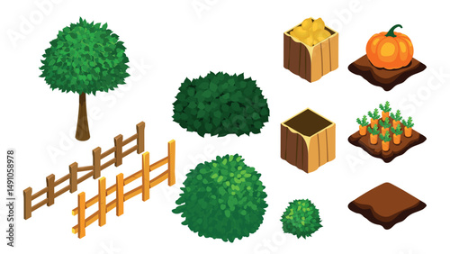 Set of vector isometric stickers dedicated to carefree summer on the farm. Each sticker is isolated from the background.
