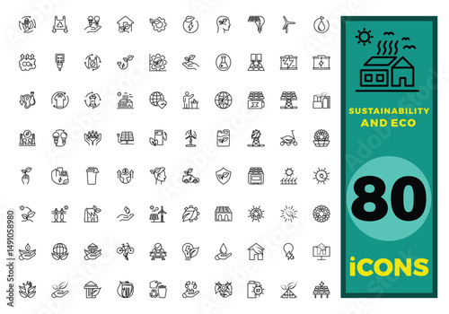 80 of Sustainability and ECO icon collection, with editable stroke. 80 of Sustainability and ECO thin line icon set. Vector illustration.