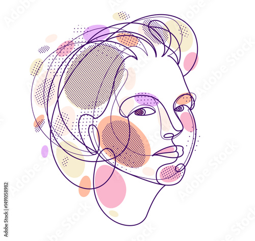 Beautiful face of attractive woman vector linear drawing, sensitive emotional line art adult girl portrait, feminine abstract face line art.