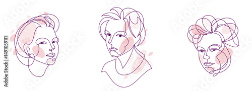 Woman beauty face vector linear illustrations set, delicate line art of attractive girl portraits collection, abstract feminine drawings minimal style isolated.