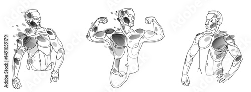 Athletic man torso vector linear illustrations set, male beauty with perfect muscular fit body posing, artistic drawings of fitness model.