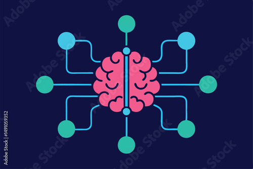 intricate brain diagram, minimalist style, vibrant colors, neuron network, synaptic connections, cerebral cortex, neural pathways, cognitive function, digital art, flat design
