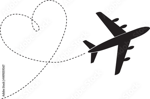 Airplane romantic heart shaped line path silhouette vector illustration isolated On Transparent Background