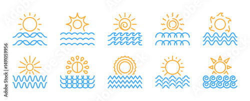 Sun and waves yellow and blue icon set. Sunrise, sunset, sunshine, sunlight, sunburst symbol. Line sign collection. Summer weather. A design element. Isolated on a white background. Editable stroke.