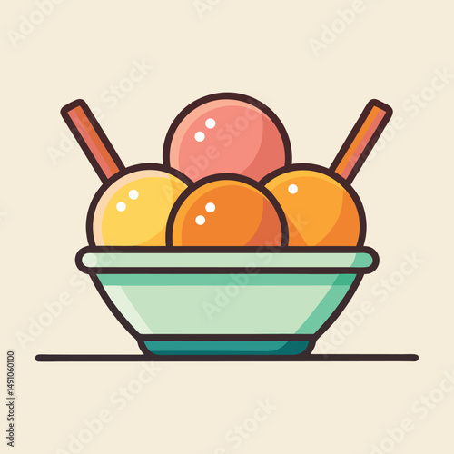 Ice cream scoops in bowl flat design isolated on white background