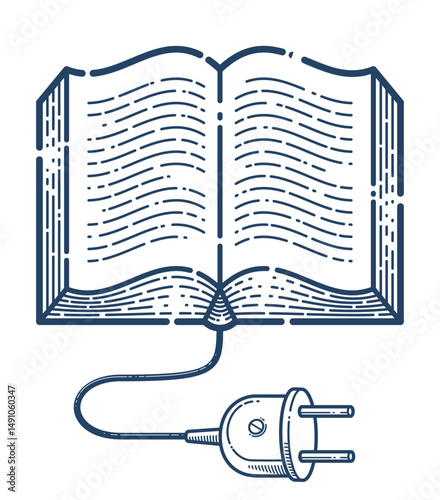 Open book with cable plug vector linear icon, electronic book concept line art symbol or logo, e-book, education and literature reading library.