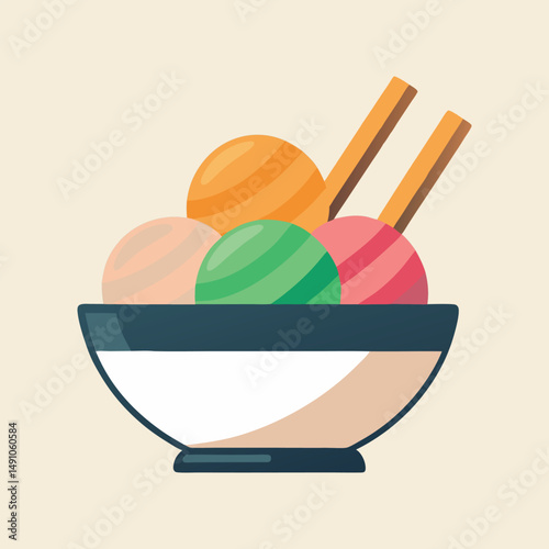 Ice cream scoops in bowl flat design isolated on white background