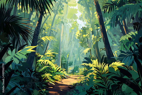 A painted scene of a lush green jungle with a winding path and sunlight streaming through the trees