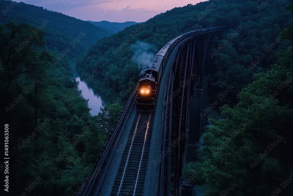 Fototapeta premium Train traveling along railway bridge at dusk in mountainous region, Aerial view of a train slowly passing a railway bridge at dusk